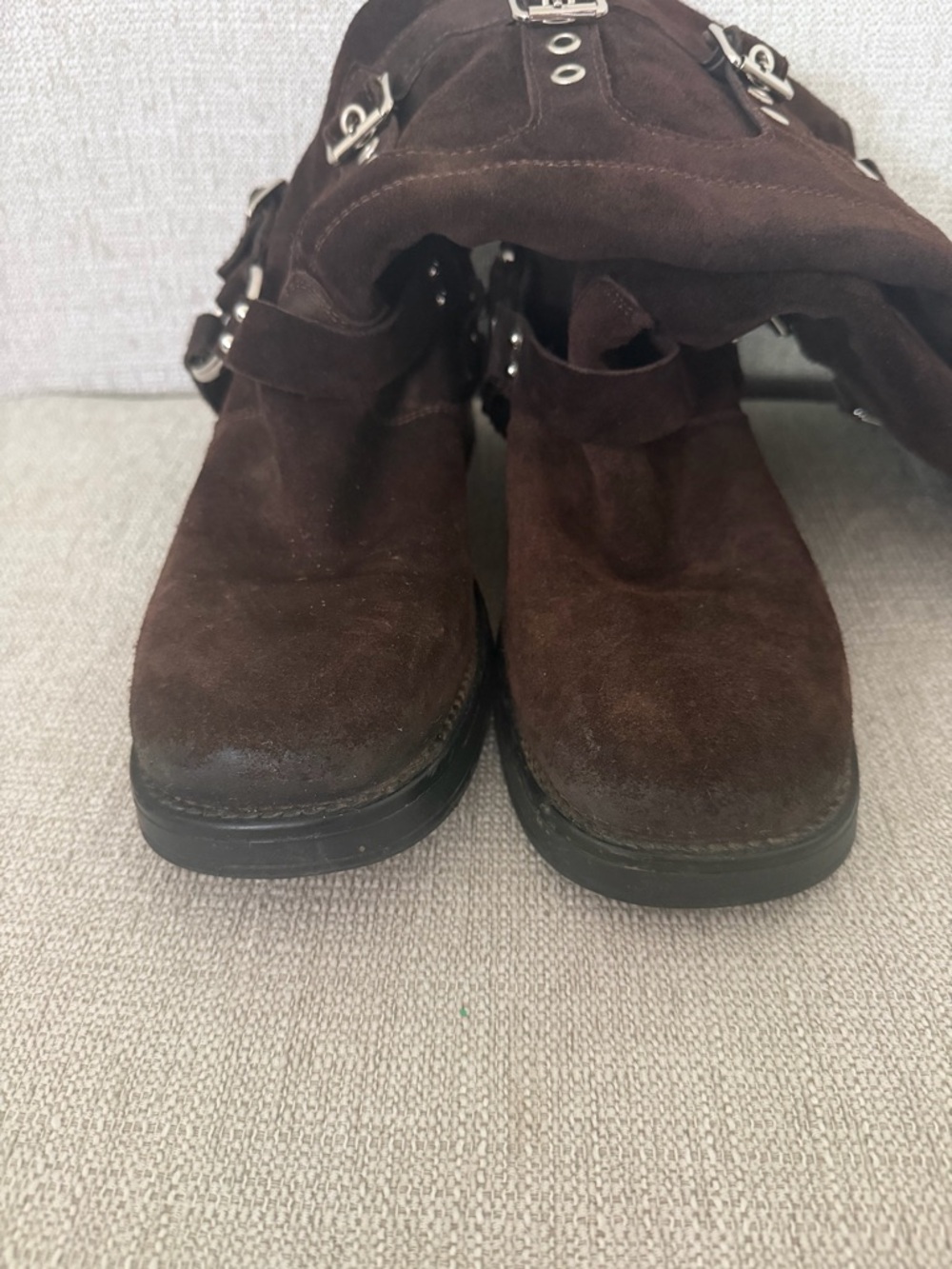 Steve Madden Brocks Chocolate Brown Suede Buckle Slouch Mid-Calf Moto Boots - Picture 9 of 12